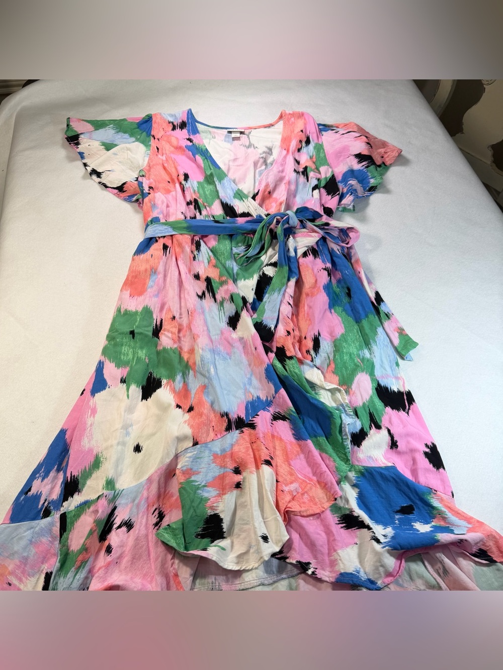 Ava & Viv 2X Abstract Floral Wrap Midi Dress Flutter Sleeve High Low